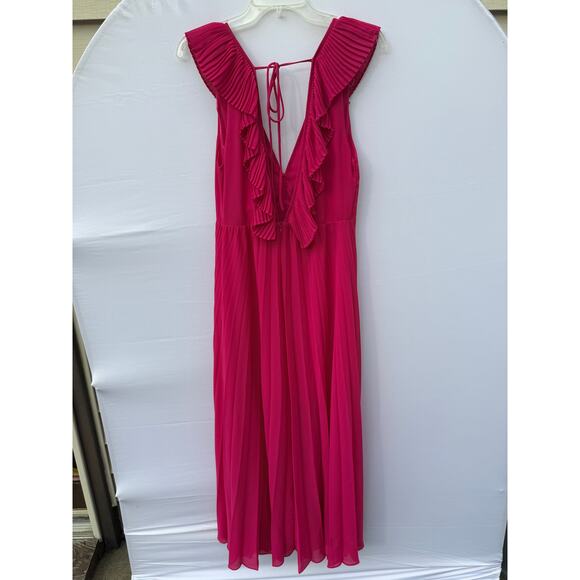 ZARA Fuchsia Pink Deep V-Neck Ruffle Sleeve & Collar Flowing Maxi Dress NWT - Picture 5 of 8